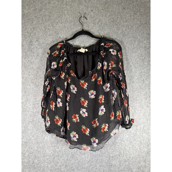 Love Sam Blouse Women Medium‎ Black Smocked dark Floral Chiffon Boho Long Sleeve - Picture 1 of 7
